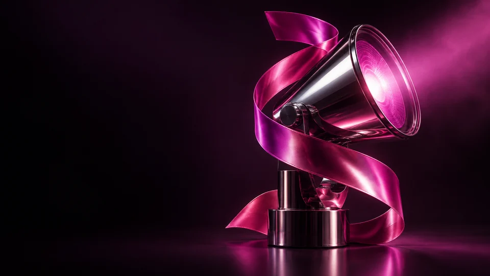 Metal stage spotlight wrapped in a magenta ribbon. - Event & Entertainment Services Meta ads research by Madgicx Labs