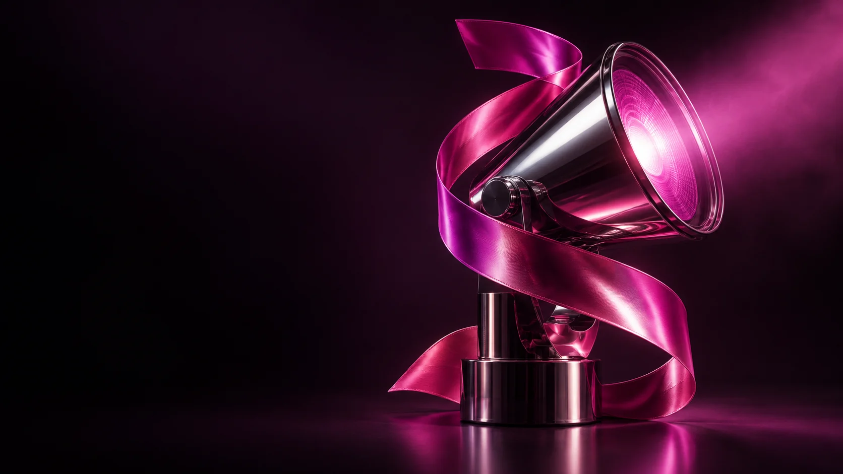 Metal stage spotlight wrapped in a magenta ribbon. - Event & Entertainment Services Meta ads research by Madgicx Labs