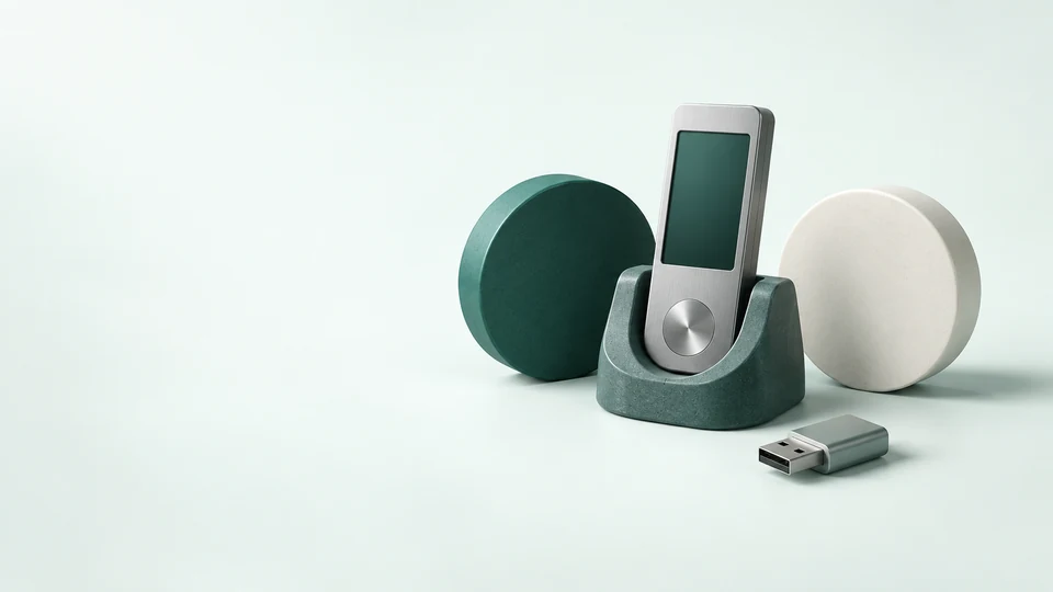 Blank hardware wallet, two plain discs and a disconnected USB connector in teal and aluminum. - Financial Services & Fintech Meta ads research index