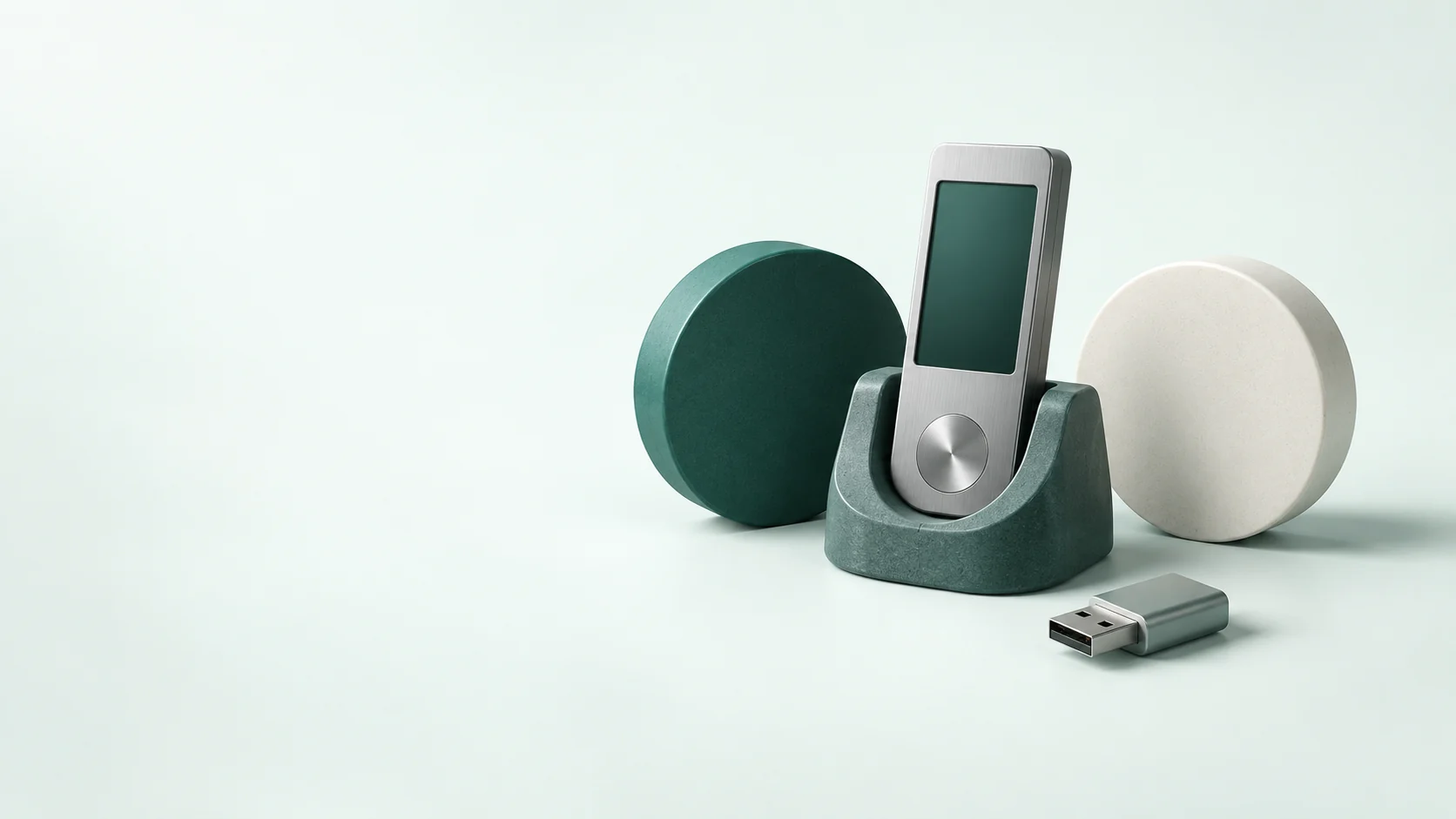 Blank hardware wallet, two plain discs and a disconnected USB connector in teal and aluminum. - Crypto Exchanges Meta ads research by Madgicx Labs