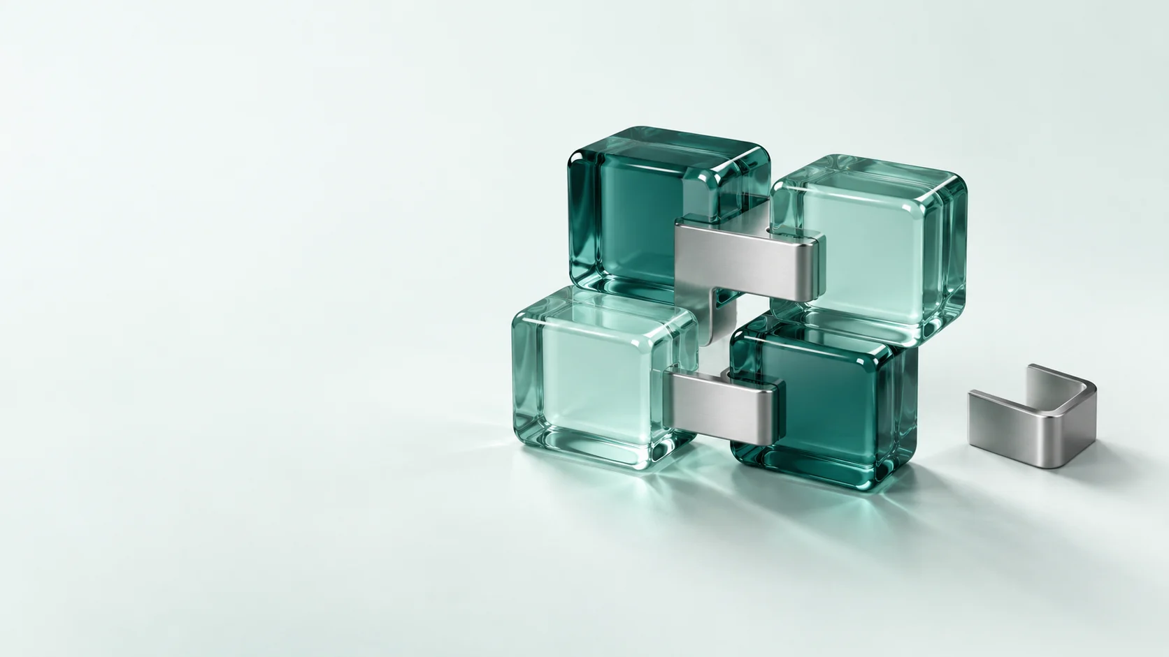 Teal glass blocks linked by silver bridges beside a separated connector. - Defi Blockchain Protocols Meta ads research by Madgicx Labs