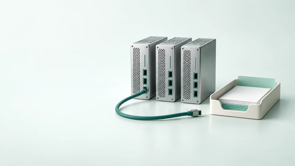 Three unmarked server modules with a disconnected cable beside a blank report tray. - Financial Services & Fintech Meta ads research index