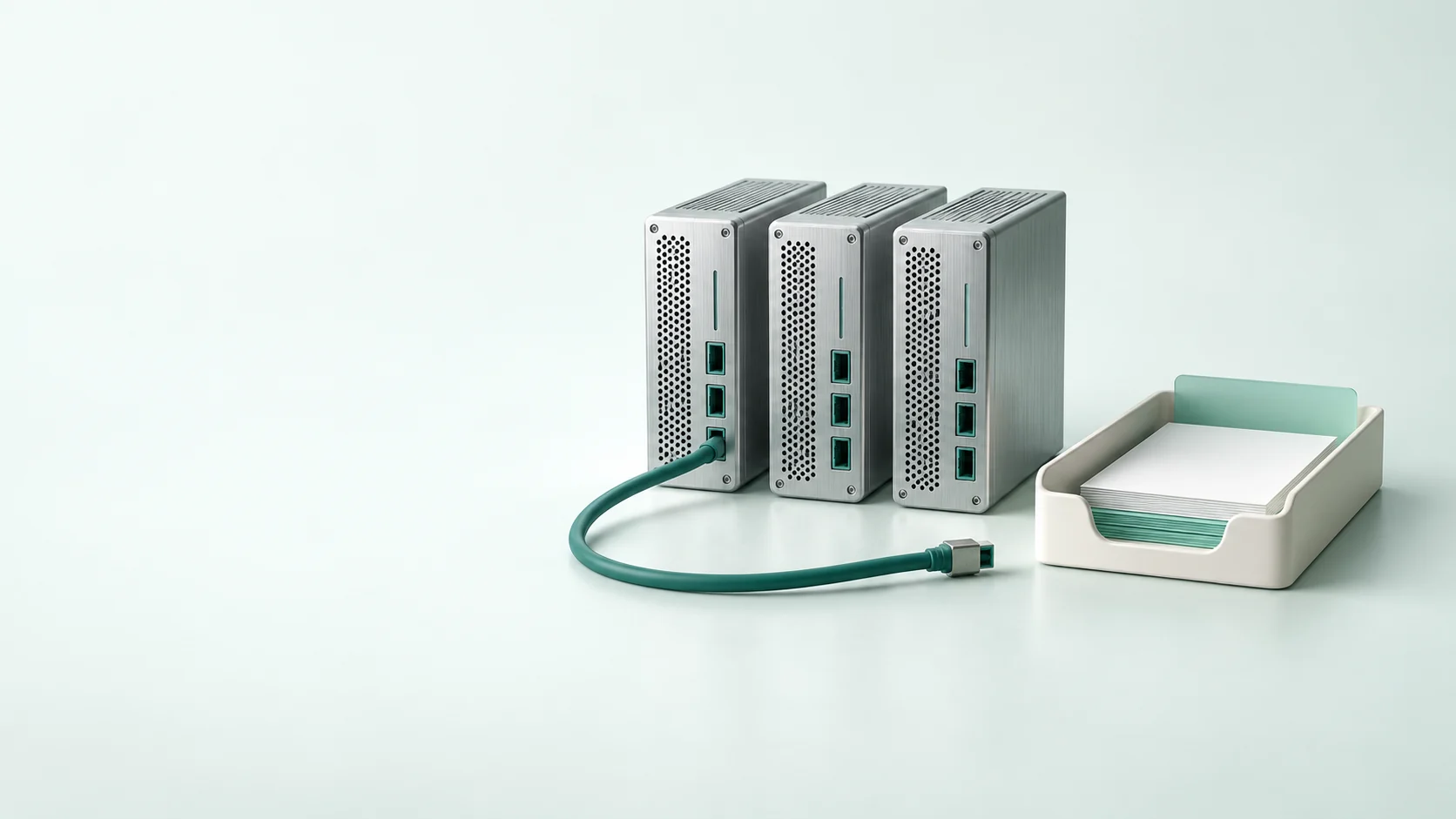 Three unmarked server modules with a disconnected cable beside a blank report tray. - Financial Infrastructure APIs Meta ads research by Madgicx Labs