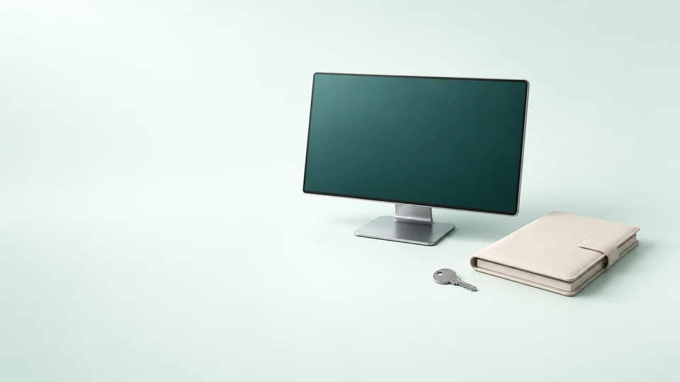 Blank teal monitor, closed cream account folio and plain metal key. - Financial Services & Fintech Meta ads research index