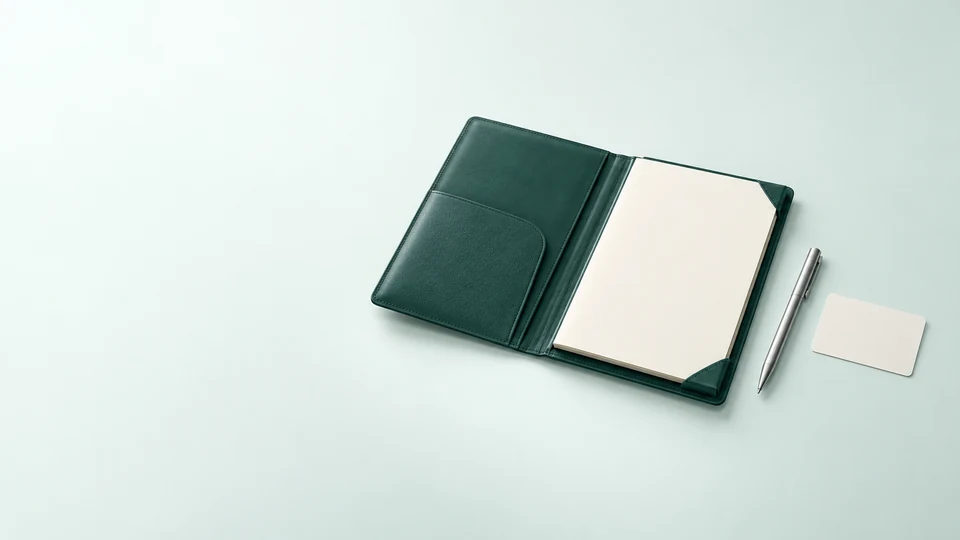 Open teal application folio with blank paper, an aluminum pen and a blank card. - Financial Services & Fintech Meta ads research index