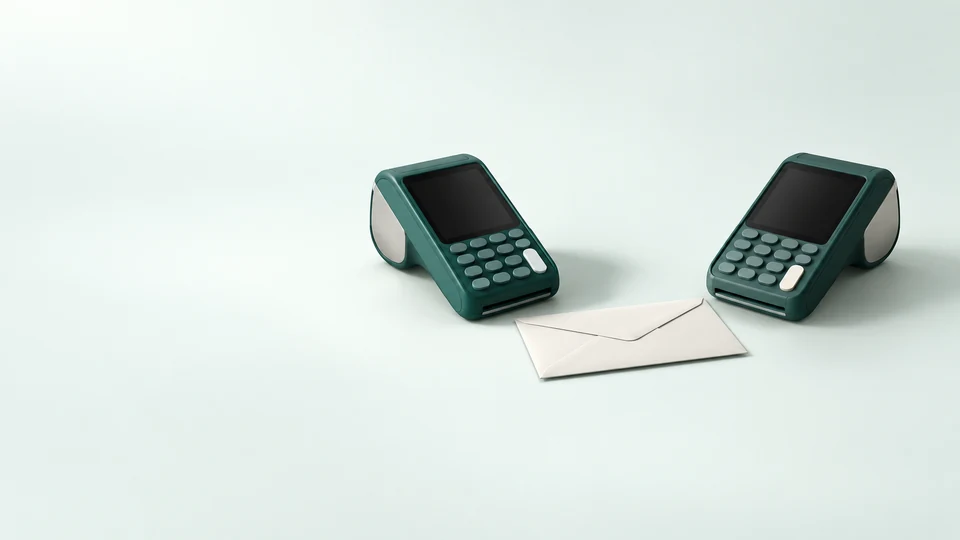 Two inactive teal payment terminals and a blank envelope. - Financial Services & Fintech Meta ads research index