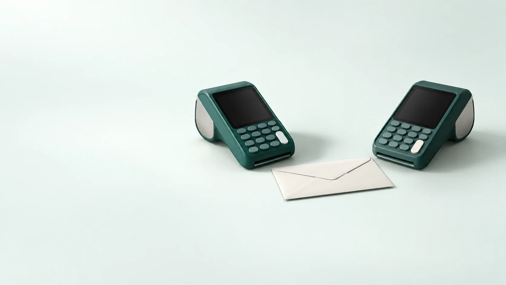 Two inactive teal payment terminals and a blank envelope. - Payment Transfer Services Meta ads research by Madgicx Labs