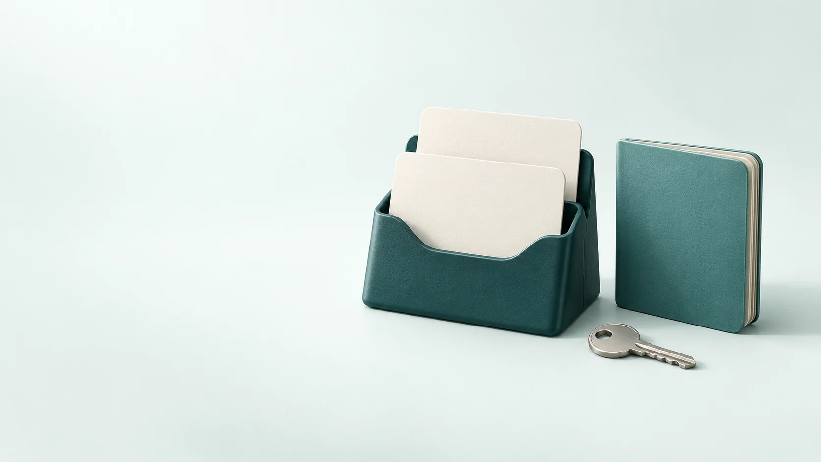 Teal cardholder with two blank cards beside a closed account booklet and metal key. - Personal Banking Services Meta ads research by Madgicx Labs