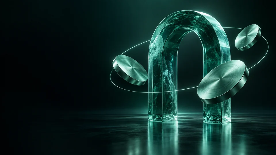 Translucent teal arch surrounded by three plain metal discs. - Financial Services & Fintech Meta ads research by Madgicx Labs