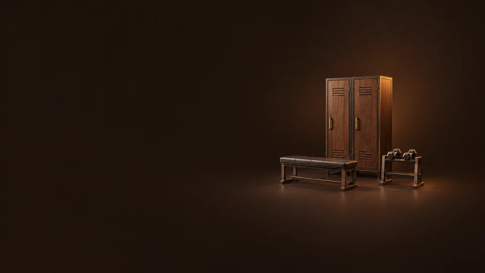 Two walnut gym lockers stand behind an empty padded bench and a small metal dumbbell rack. - Fitness & Sports Services Meta ads research index