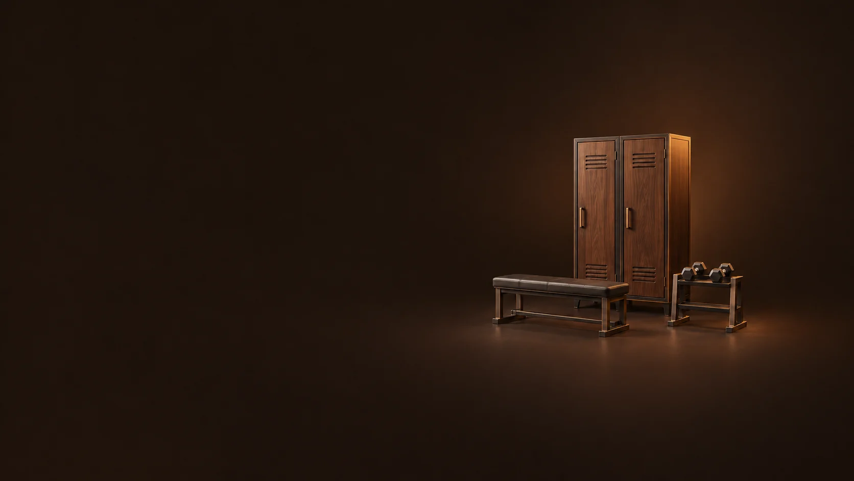 Two walnut gym lockers stand behind an empty padded bench and a small metal dumbbell rack. - Commercial Gym Memberships Meta ads research by Madgicx Labs