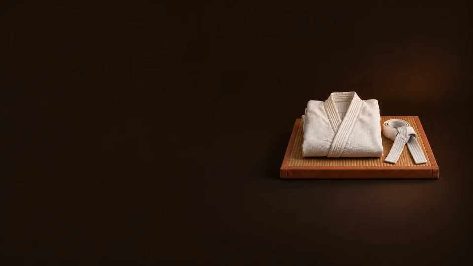 Folded ivory martial arts gi and a white belt on a terracotta tatami platform. - Fitness & Sports Services Meta ads research index
