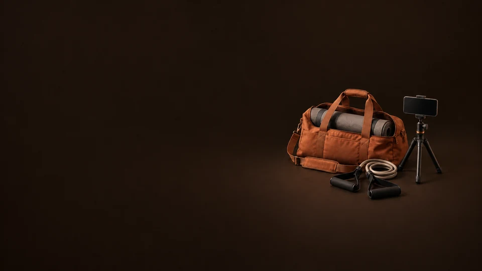 Terracotta training duffel with a rolled mat, resistance handles and an inactive phone on a small tripod. - Fitness & Sports Services Meta ads research index