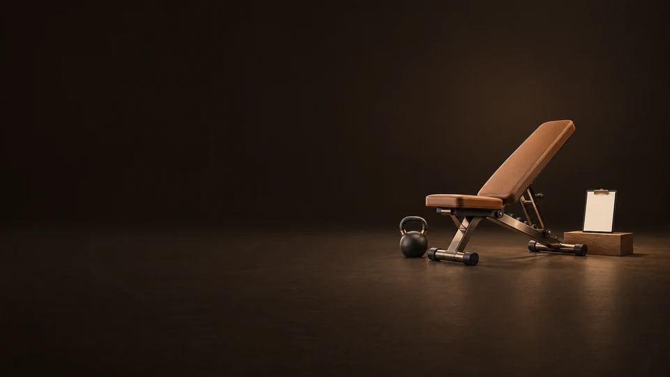 Empty terracotta workout bench beside a kettlebell and a blank clipboard on an oak block. - Fitness & Sports Services Meta ads research index