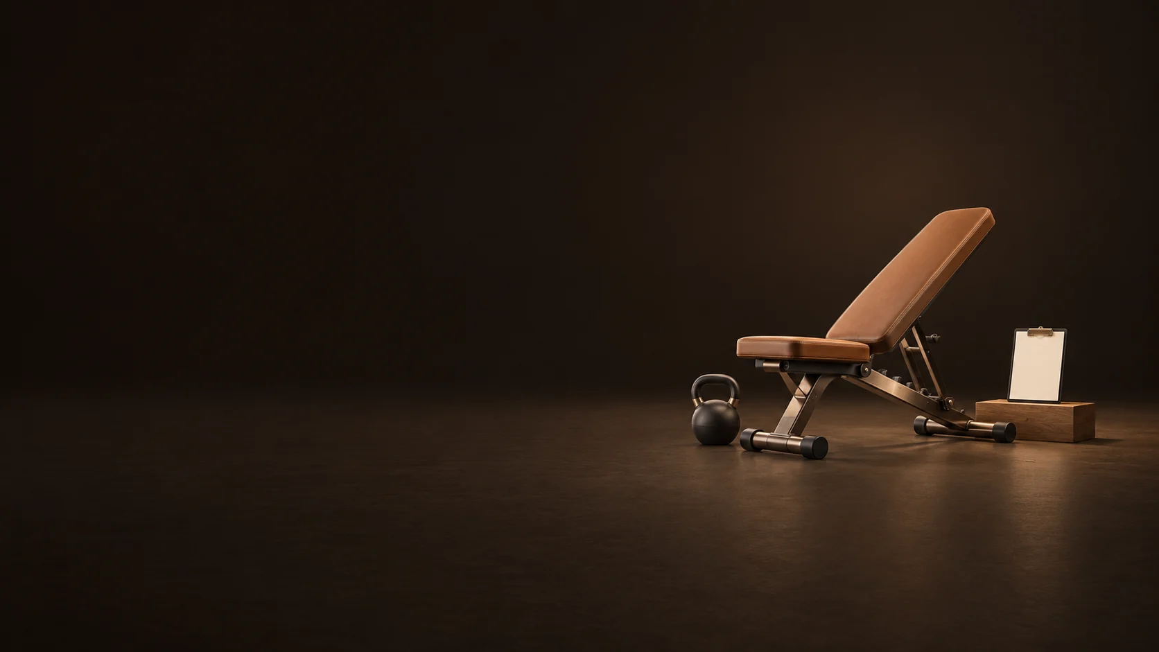 Empty terracotta workout bench beside a kettlebell and a blank clipboard on an oak block. - Personal Training Services Meta ads research by Madgicx Labs