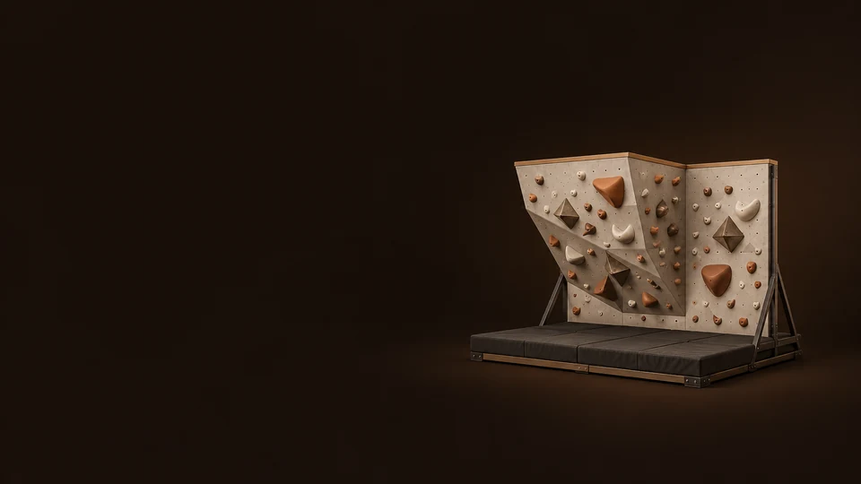 Miniature empty bouldering wall with terracotta and ivory holds above a charcoal floor mat. - Fitness & Sports Services Meta ads research index