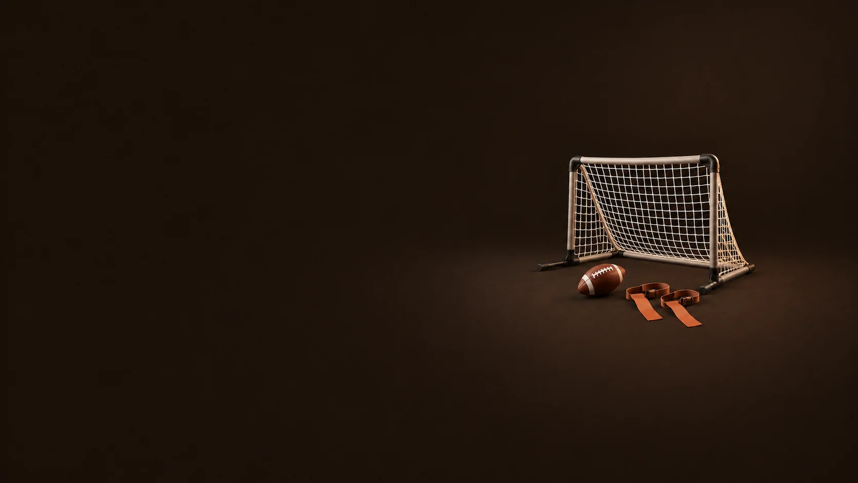 A portable practice goal, a brown football and two terracotta flag belts on a dark brown background. - Youth Sports Programs Meta ads research by Madgicx Labs