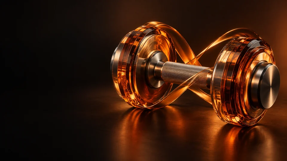 Amber glass dumbbell with a textured metal grip and curved ribbon. - Fitness & Sports Services Meta ads research by Madgicx Labs