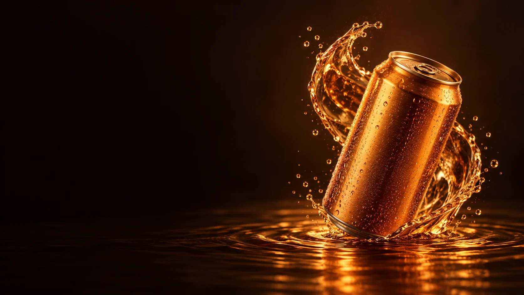 Amber beverage can above a shallow liquid ripple and curved splash. - Beverage Products Meta ads research by Madgicx Labs