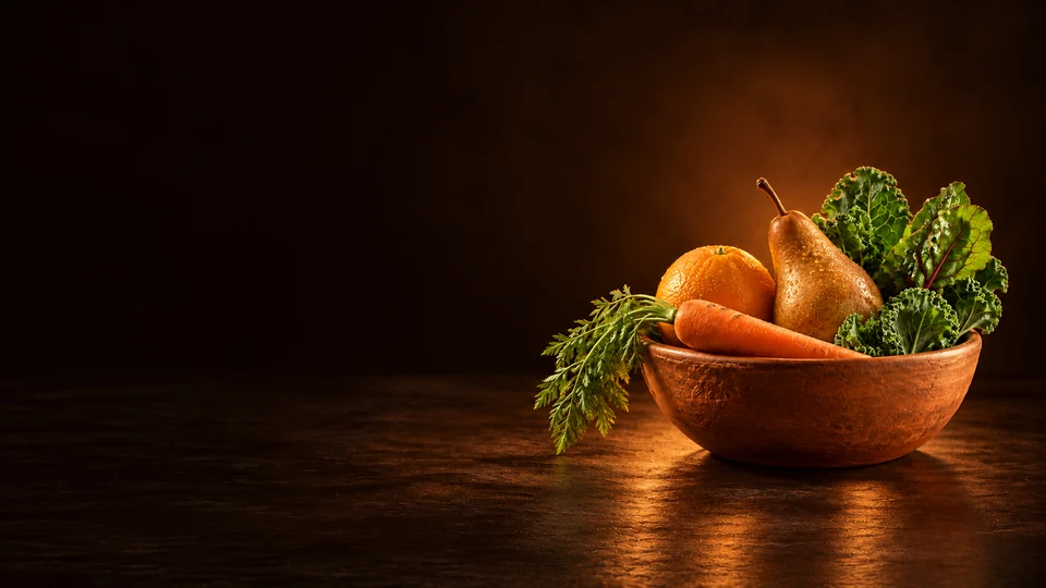 Terracotta bowl holding an orange, pear, carrot and leafy greens. - Food & Beverage Products Meta ads research index