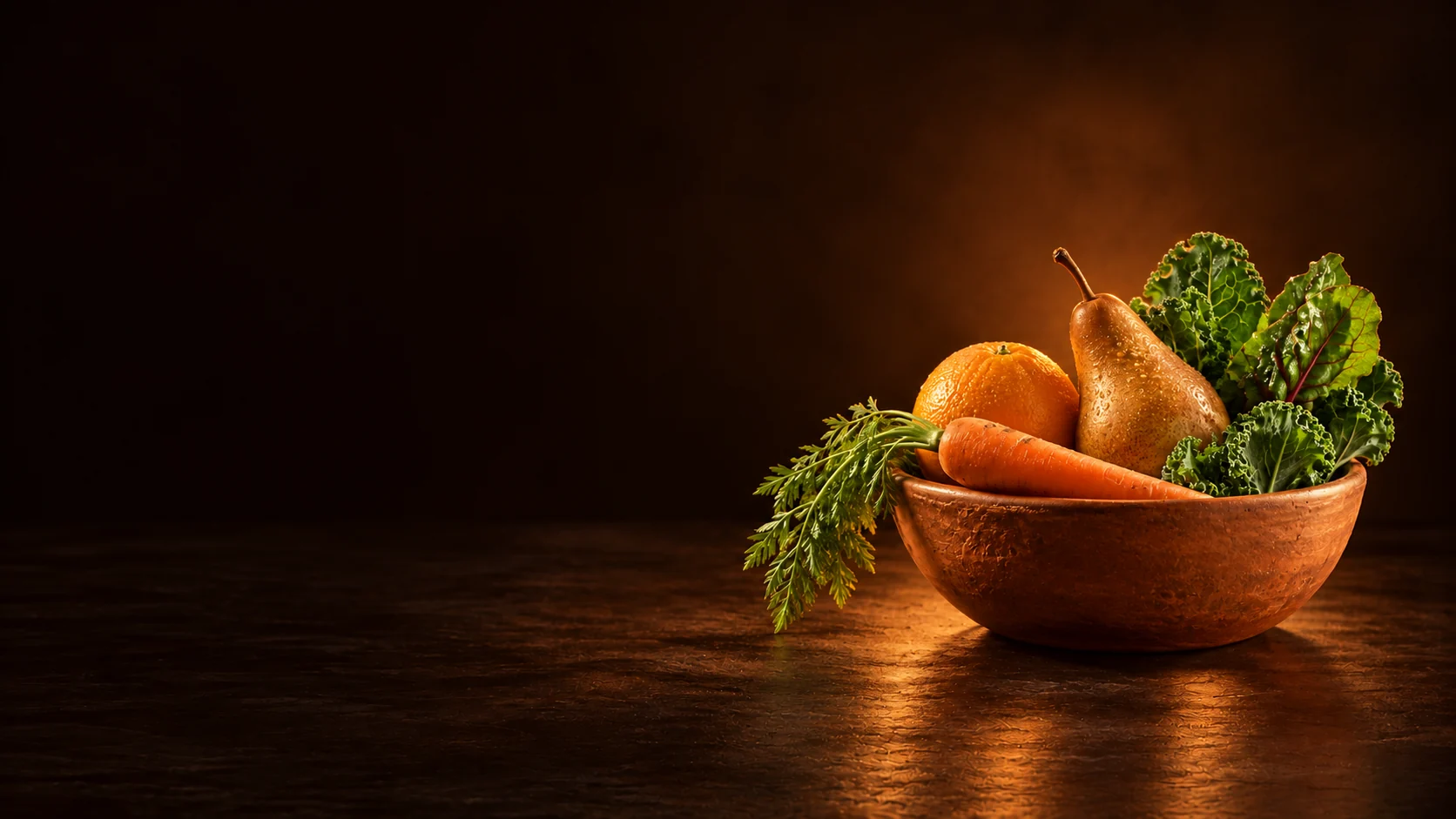 Terracotta bowl holding an orange, pear, carrot and leafy greens. - Fresh Perishable Foods Meta ads research by Madgicx Labs