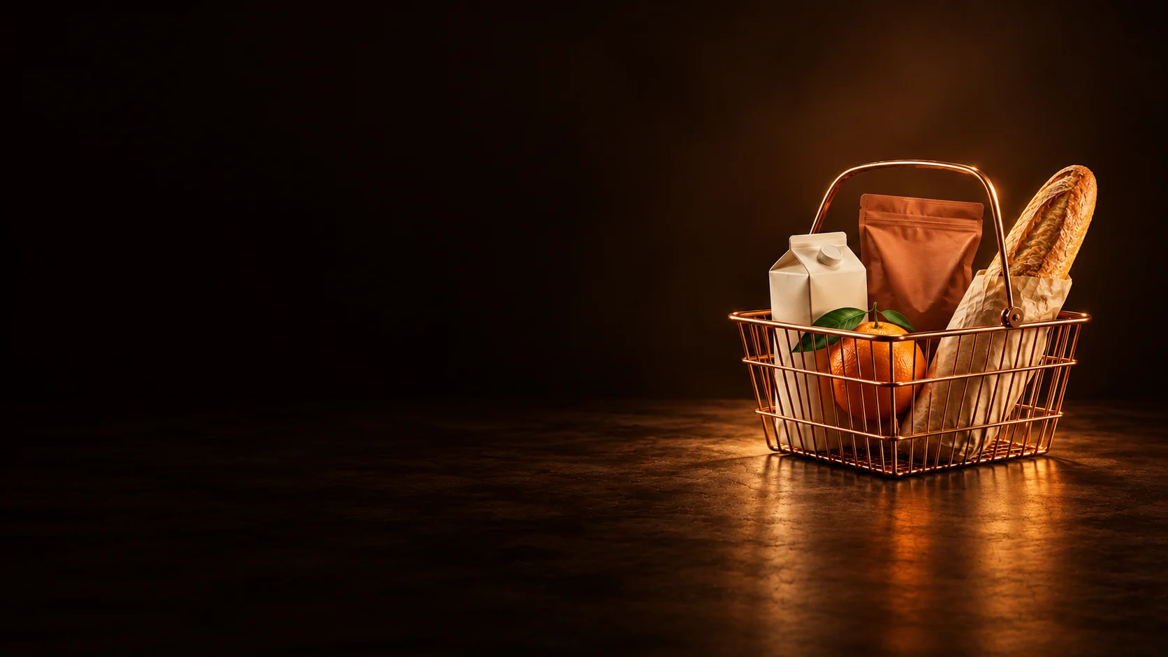 Copper wire grocery basket holding bread, an orange, a carton and a pouch. - Grocery Retail Products Meta ads research by Madgicx Labs