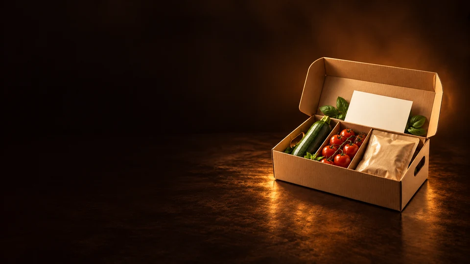 Open meal-kit box with vegetables, a sealed ingredient pouch and blank recipe card. - Food & Beverage Products Meta ads research index