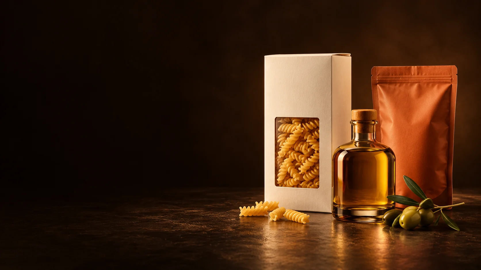 Pasta carton, amber oil bottle and burnt-sienna food pouch. - Packaged Food Products Meta ads research by Madgicx Labs