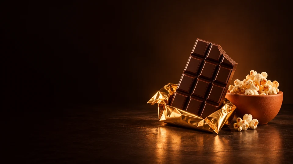 Dark chocolate bar in gold foil beside a terracotta cup of popcorn. - Food & Beverage Products Meta ads research index