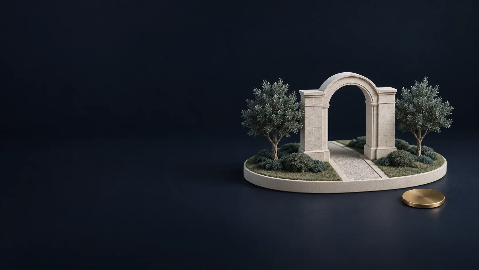 Limestone cemetery gateway model with two trees and an unmarked appointment token on a dark slate field. - Cemetery Burial Services Meta ads research by Madgicx Labs