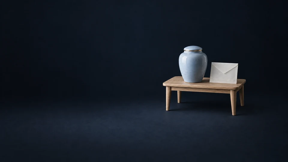 Closed pale-blue ceramic urn and blank envelope on a compact oak table against dark slate. - Funeral & Cemetery Services Meta ads research index