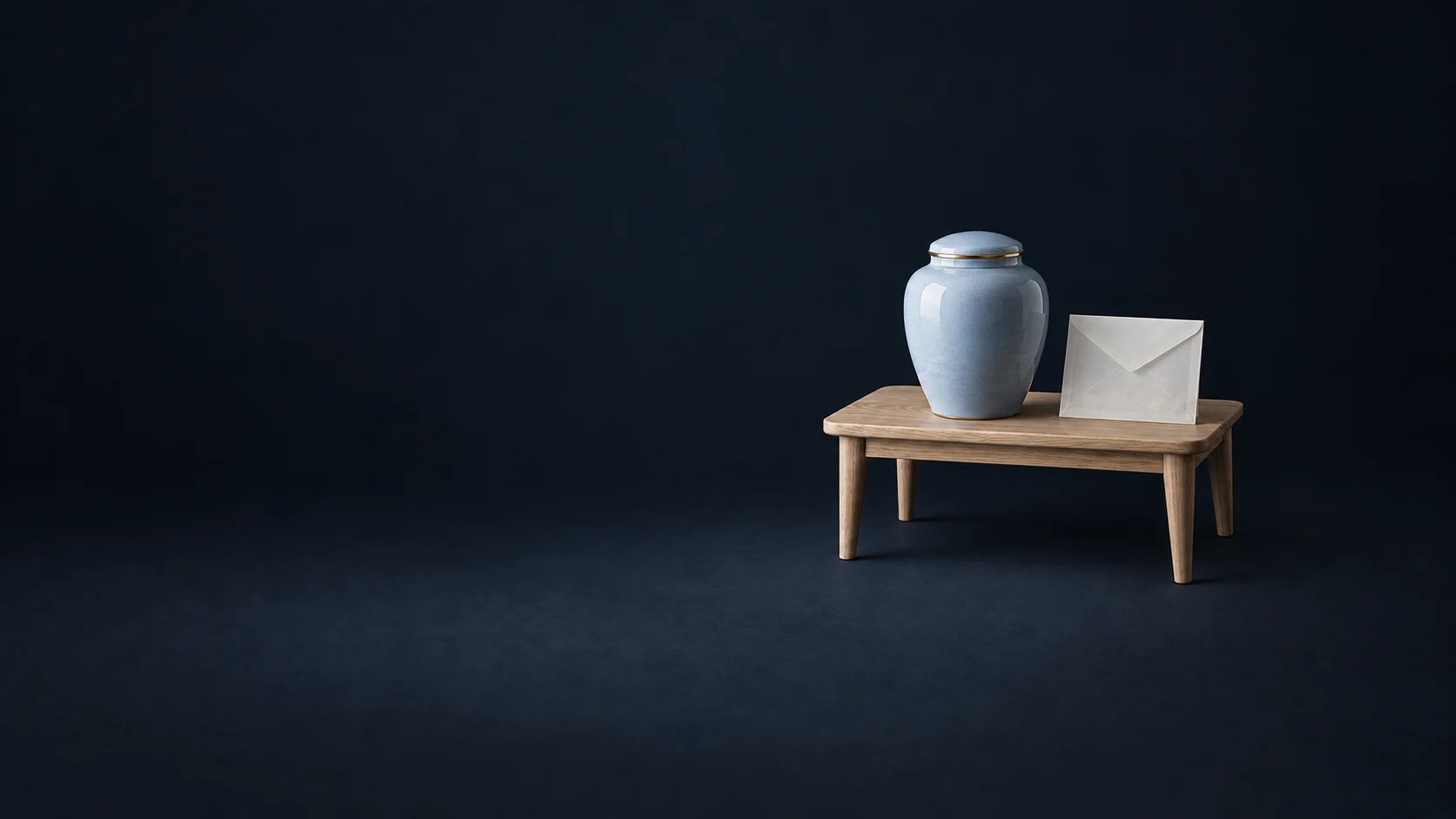 Closed pale-blue ceramic urn and blank envelope on a compact oak table against dark slate. - Cremation Services Meta ads research by Madgicx Labs