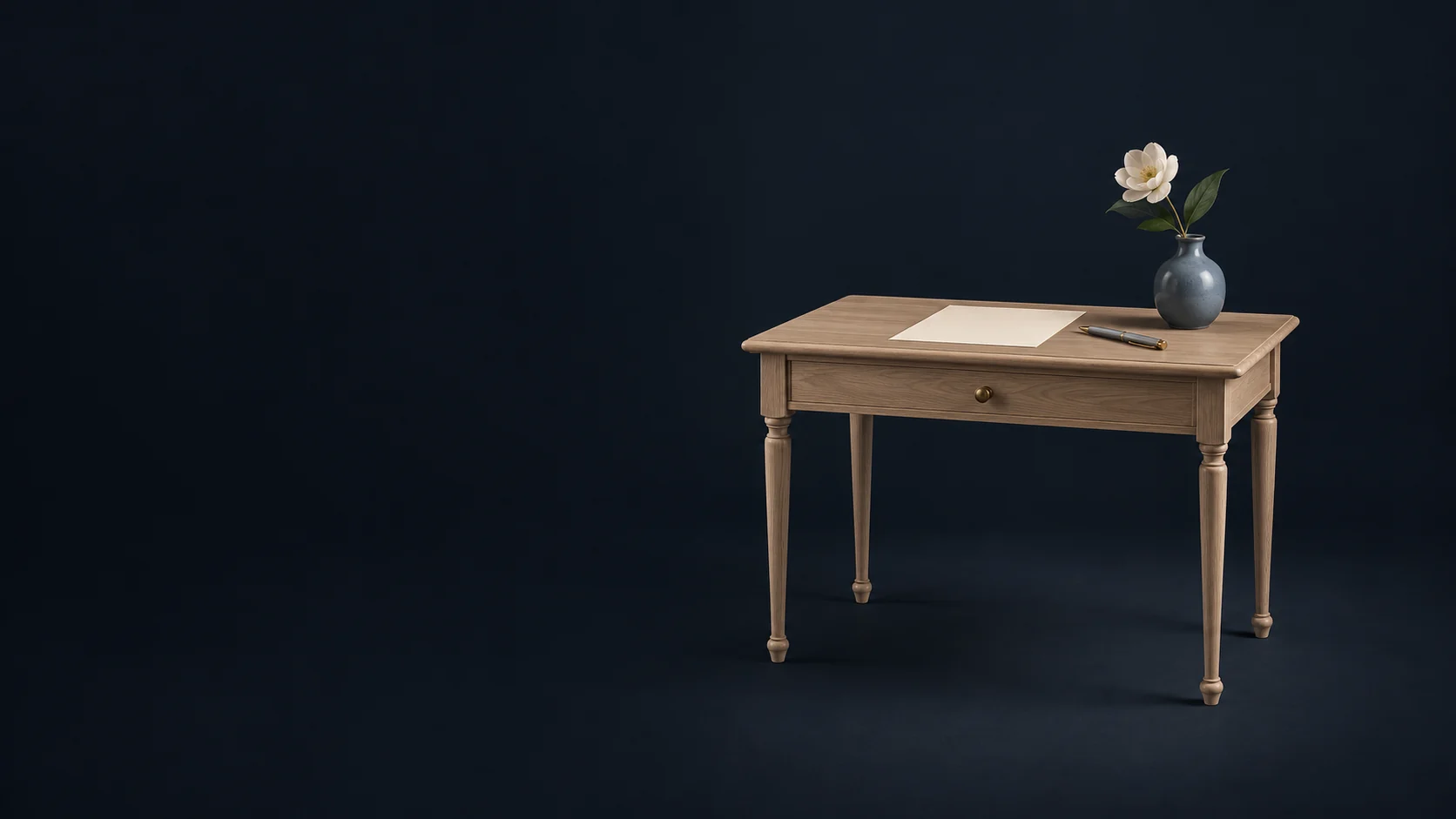 Oak arrangement desk with a blank paper, capped pen and one white flower in a small blue vase. - Funeral Home Services Meta ads research by Madgicx Labs