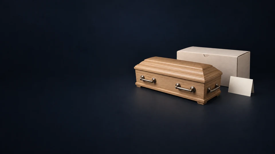 Closed oak casket model with complete metal handles beside an ivory delivery carton and blank destination card. - Funeral & Cemetery Services Meta ads research index