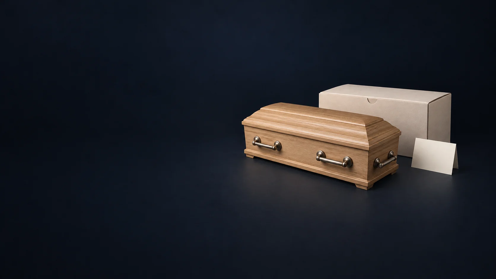 Closed oak casket model with complete metal handles beside an ivory delivery carton and blank destination card. - Funeral Products Supplies Meta ads research by Madgicx Labs