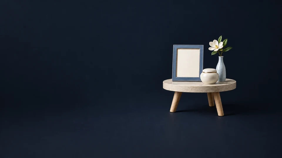 Blank blue memory frame, closed ivory vessel and a single white flower on a compact stone table. - Funeral & Cemetery Services Meta ads research index