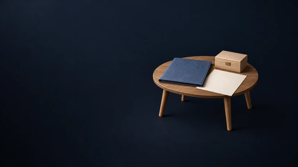 Blue planning folder, blank preference sheet and closed oak keepsake box on a complete oval table. - Funeral & Cemetery Services Meta ads research index