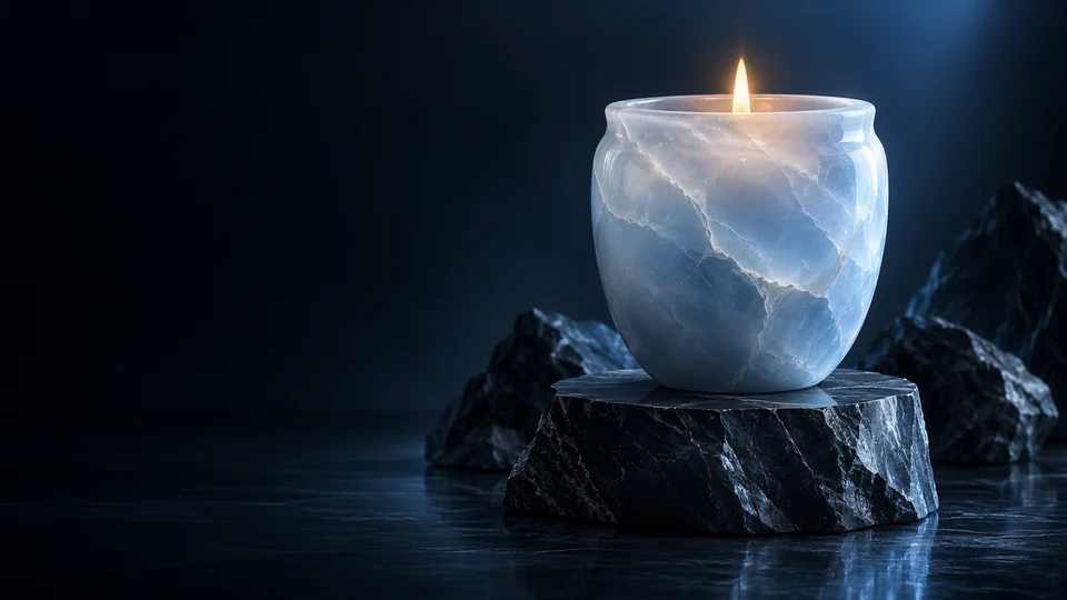 A pale blue stone candle vessel with a warm flame on a dark rocky plinth. - Funeral & Cemetery Services Meta ads research by Madgicx Labs
