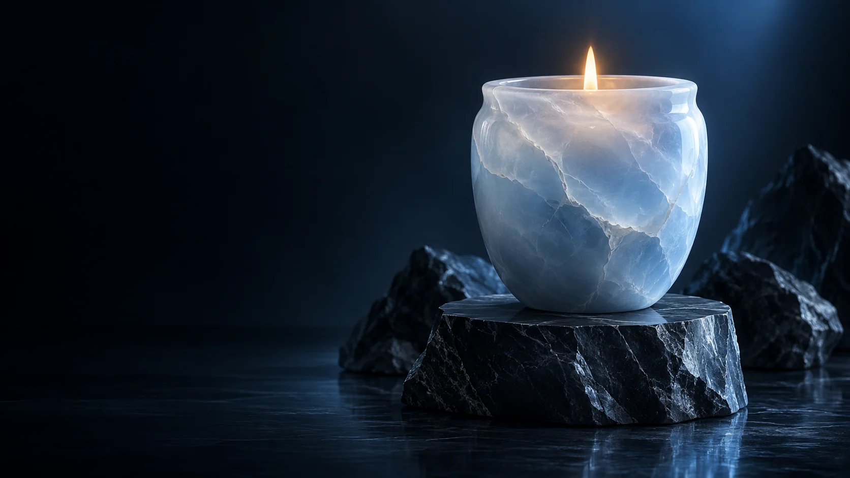 A pale blue stone candle vessel with a warm flame on a dark rocky plinth. - Funeral & Cemetery Services Meta ads research by Madgicx Labs