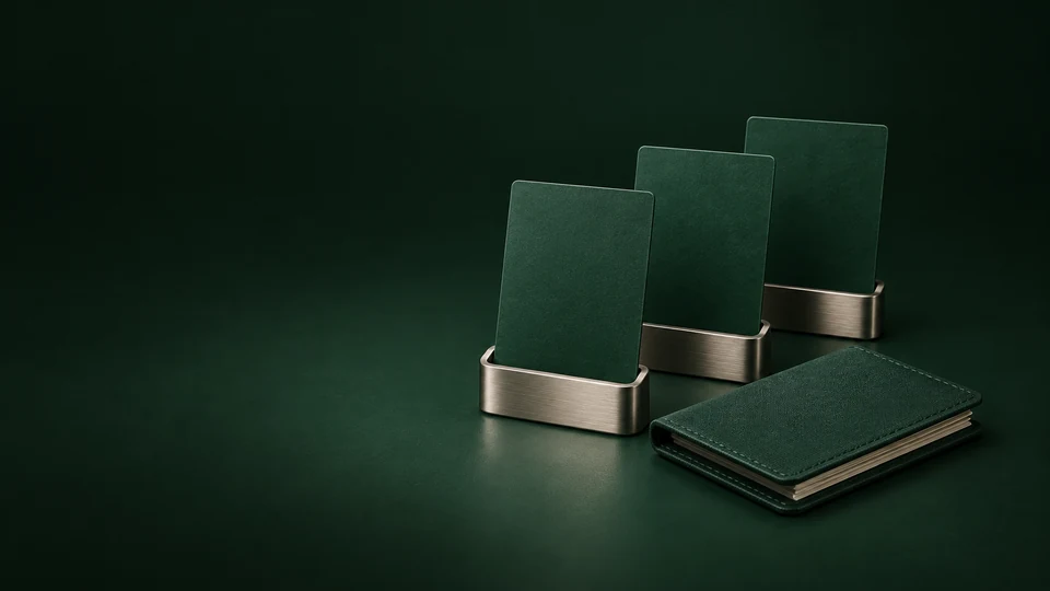 Three blank green roster cards in separate nickel stands beside a closed folio. - Gambling & Betting Services Meta ads research index