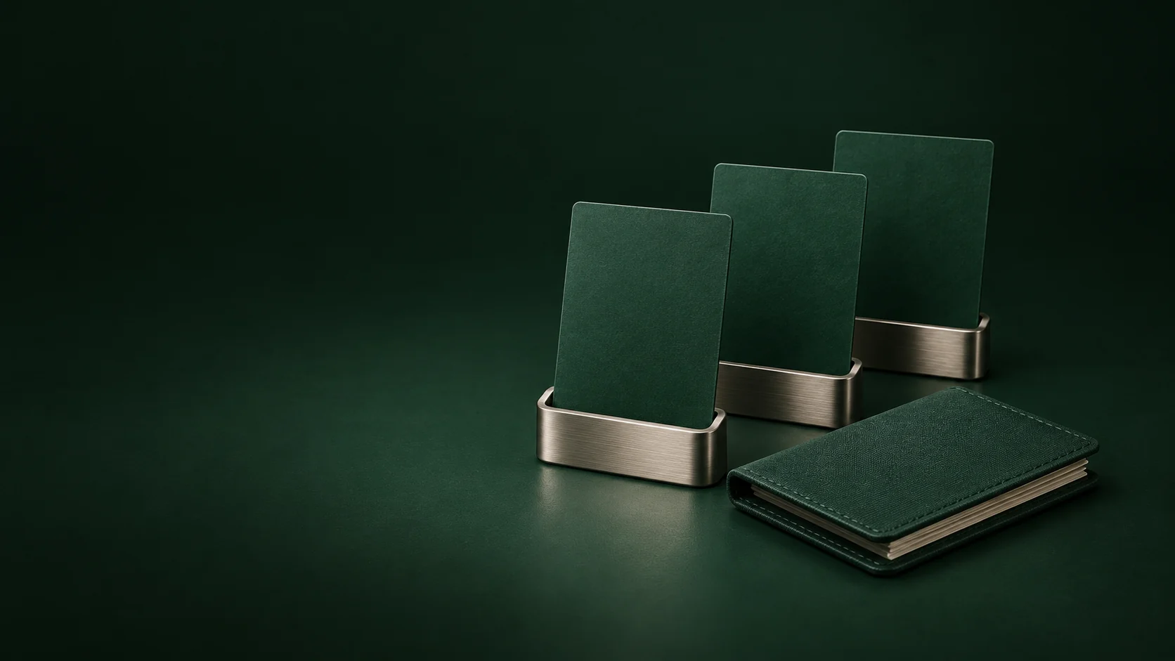Three blank green roster cards in separate nickel stands beside a closed folio. - Daily Fantasy Sports Meta ads research by Madgicx Labs