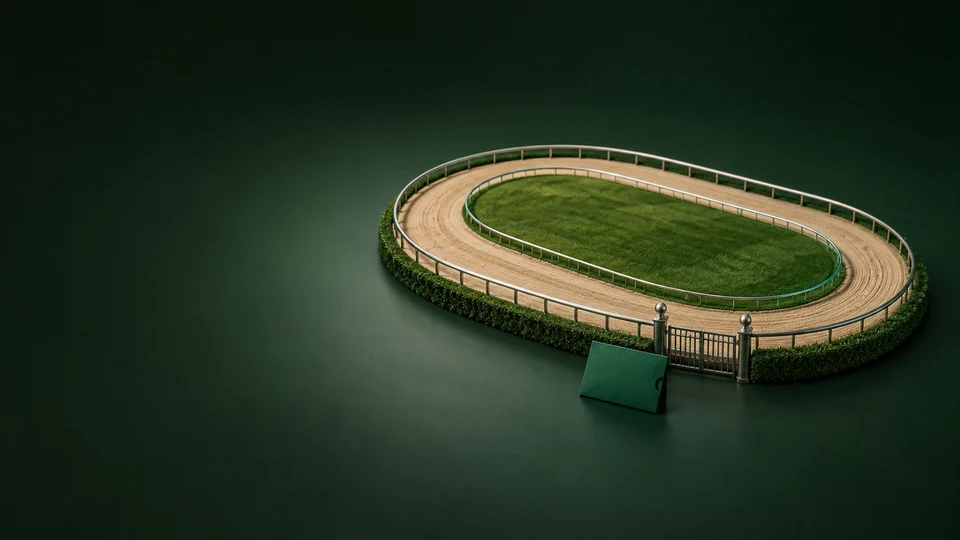 An empty oval sand racetrack model with perimeter rails, a closed gate and a blank green sleeve. - Gambling & Betting Services Meta ads research index