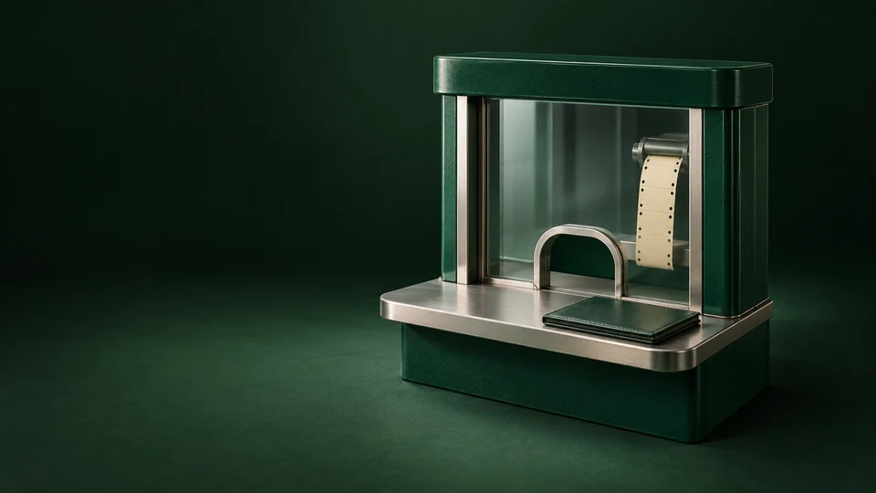 A green retail service window with a blank perforated ticket strip behind glass and a closed folio outside. - Gambling & Betting Services Meta ads research index