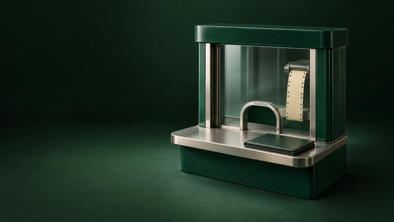 A green retail service window with a blank perforated ticket strip behind glass and a closed folio outside. - Lottery Scratch Card Services Meta ads research by Madgicx Labs