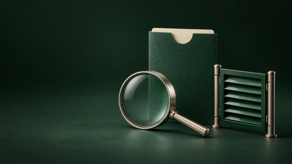 A nickel magnifying glass before a blank green account sleeve beside a closed green louvered gate. - Gambling & Betting Services Meta ads research index