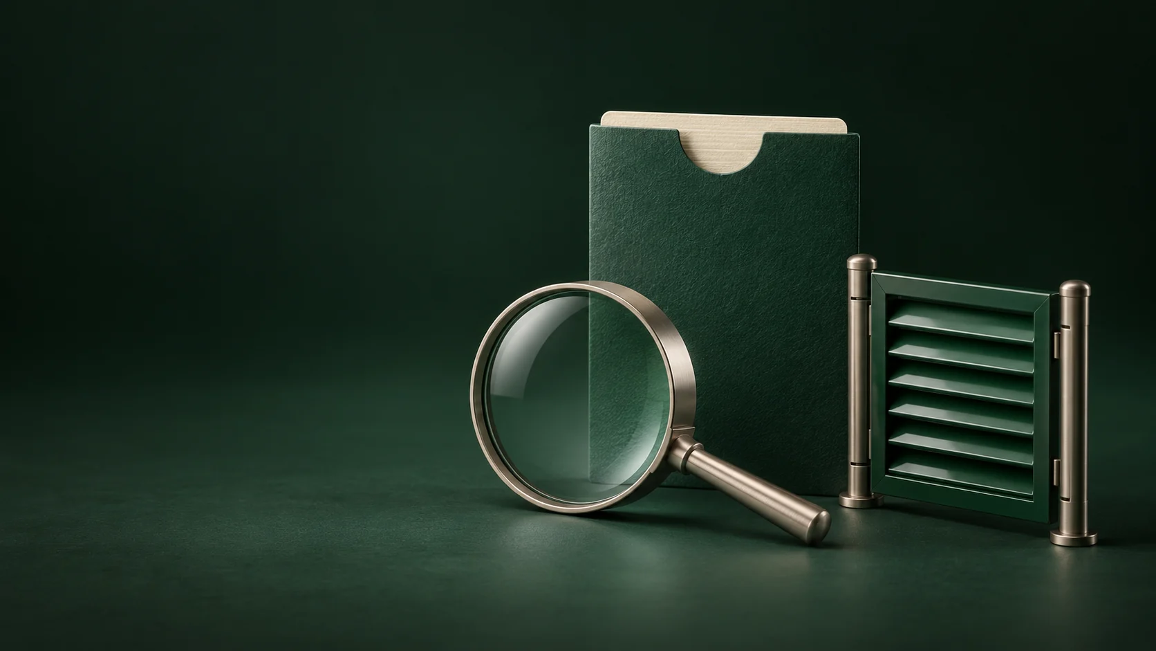 A nickel magnifying glass before a blank green account sleeve beside a closed green louvered gate. - Online Casino Games Meta ads research by Madgicx Labs