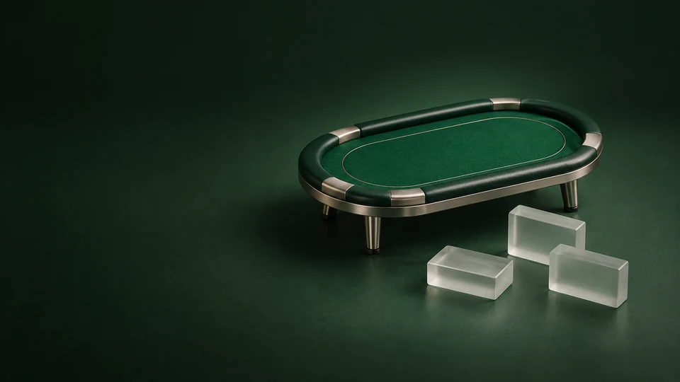 An empty oval green felt table beside three separate frosted rectangular archive blocks. - Gambling & Betting Services Meta ads research index