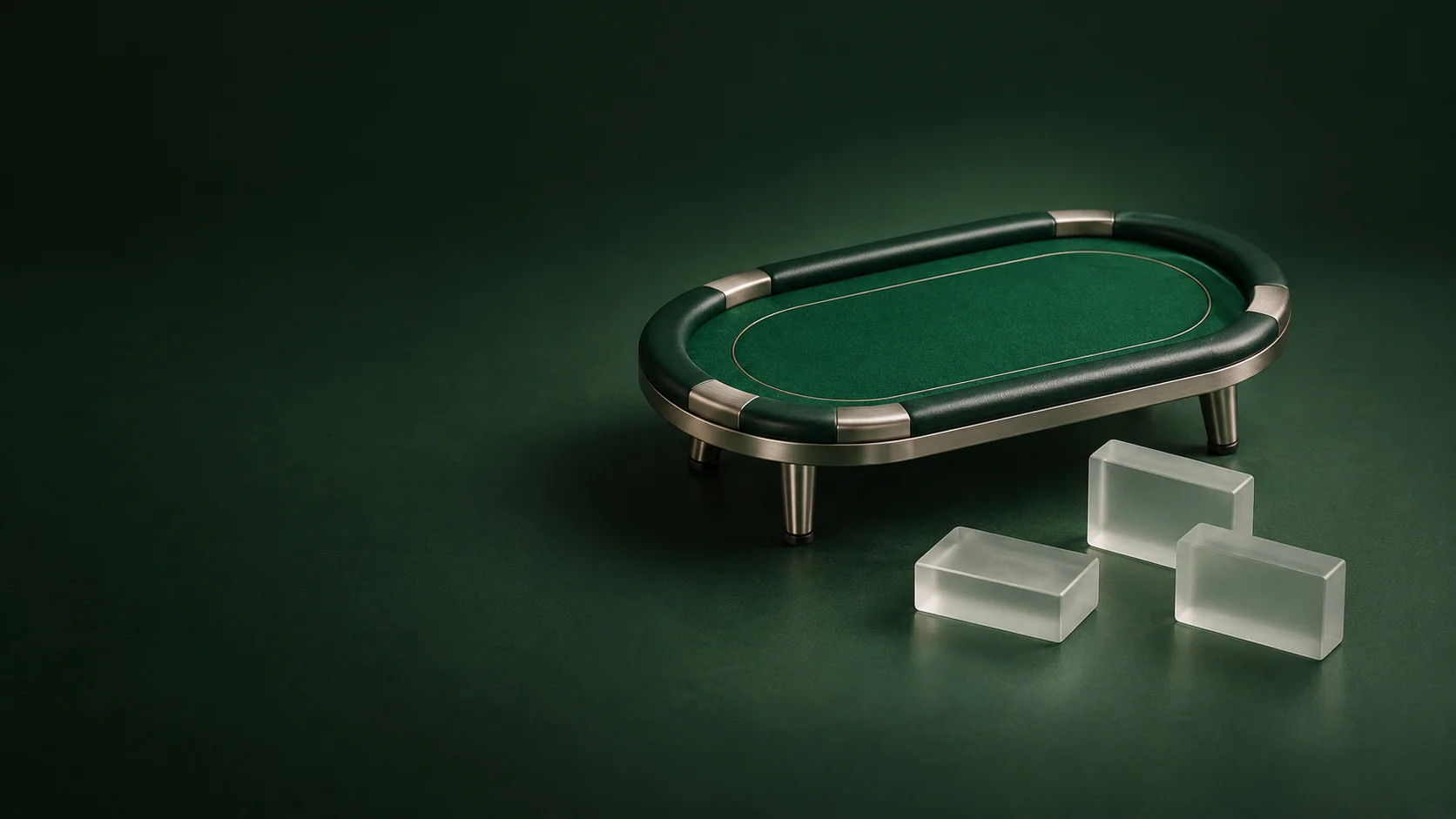 An empty oval green felt table beside three separate frosted rectangular archive blocks. - Poker Gaming Platforms Meta ads research by Madgicx Labs