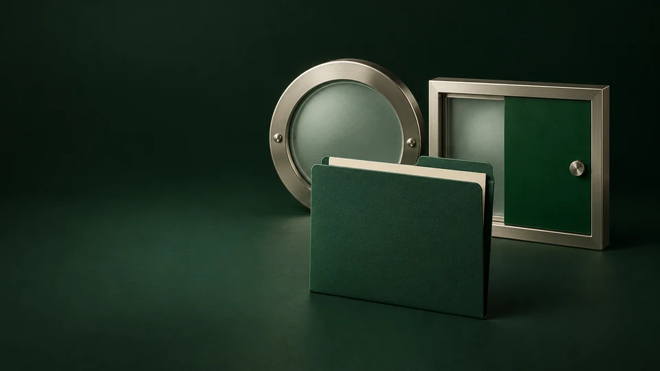 A blank green account folder before separate circular and rectangular nickel frames. - Gambling & Betting Services Meta ads research index