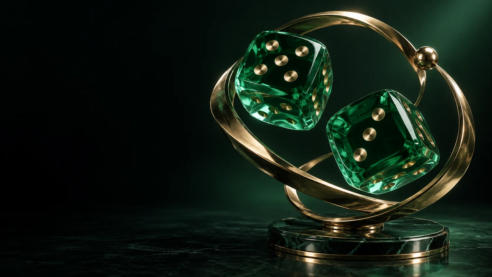 Two emerald glass dice within looping gold bands on a dark green base. - Gambling & Betting Services Meta ads research by Madgicx Labs